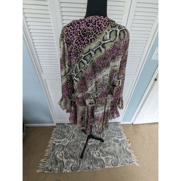 Ashley Stewart Curvy Girl 2X Blouse Animal Print Chiffon SurpliceRuffle HiLo NEW - Picture 7 of 14
